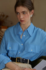 Bright Spring Blue Relaxed Lapel Long Shirt