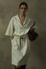 Contrast-Edge V-Neck Twill Dress