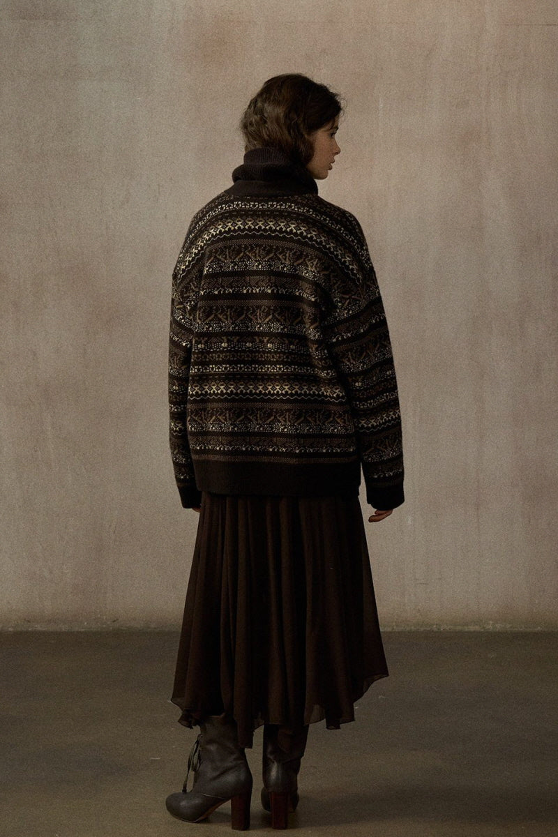 Oversized Fair Isle V-Neck Cardigan