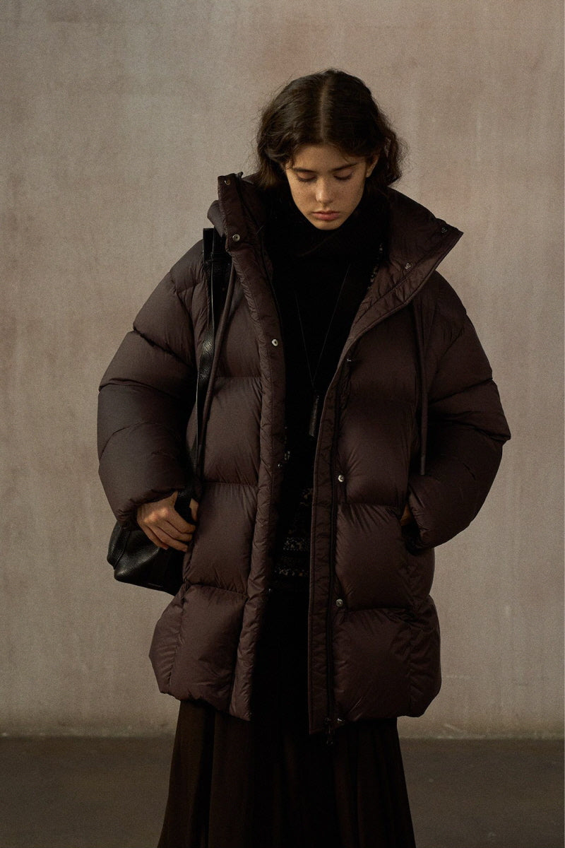 Cocoon Hooded Mid-Length Down Jacket