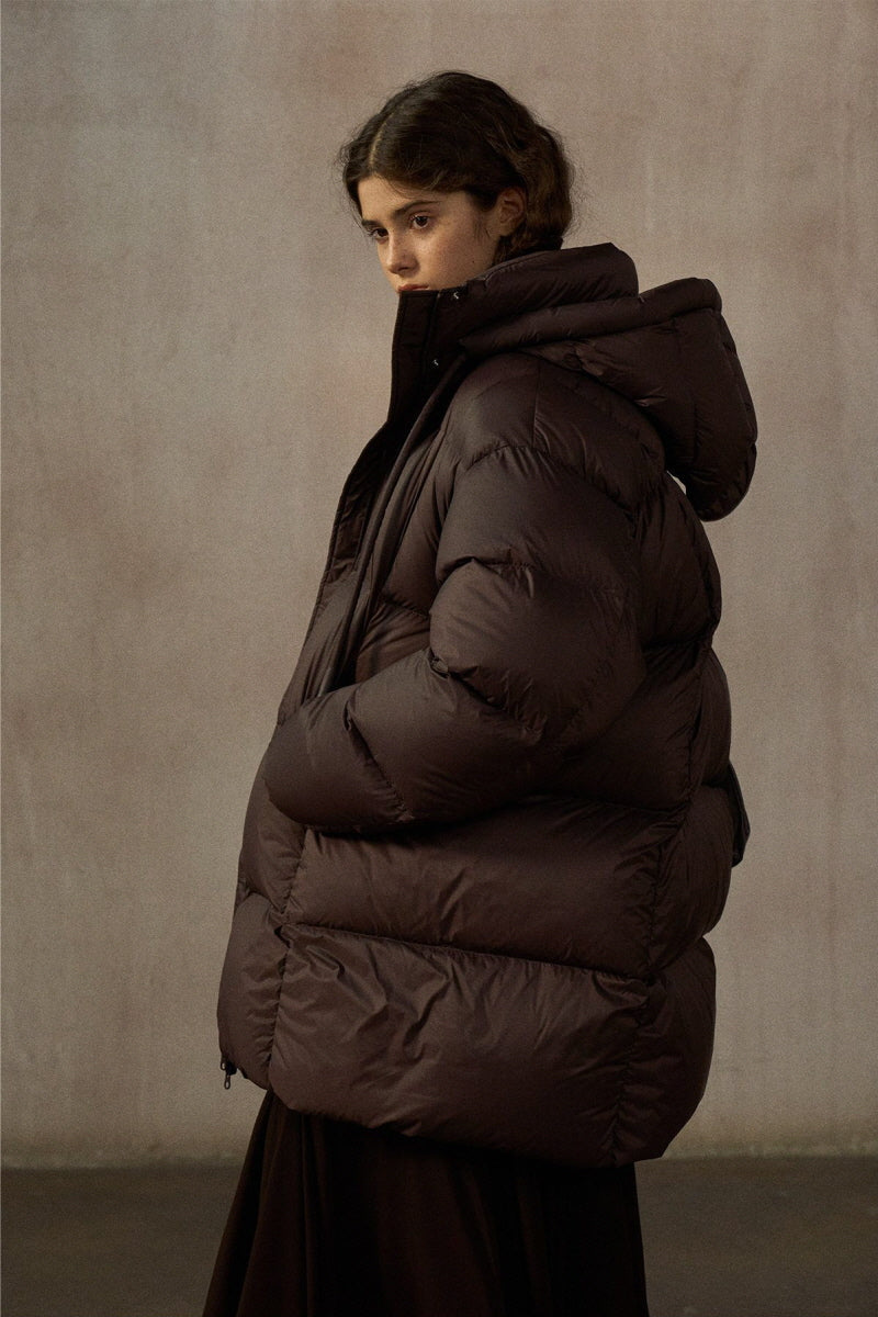 Cocoon Hooded Mid-Length Down Jacket