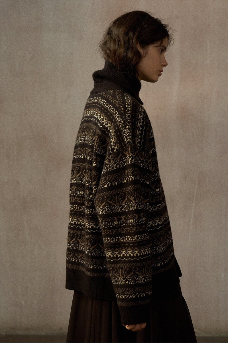 Oversized Fair Isle V-Neck Cardigan