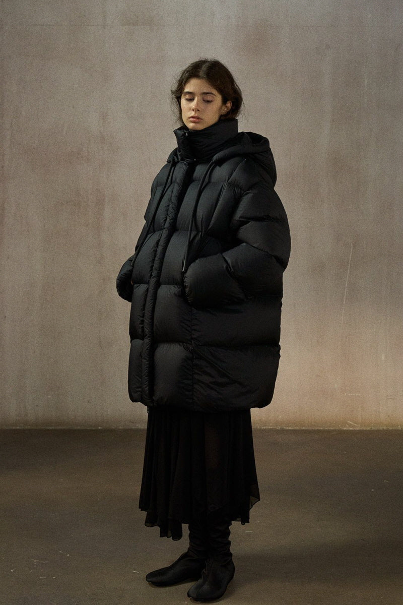 Cocoon Hooded Mid-Length Down Jacket