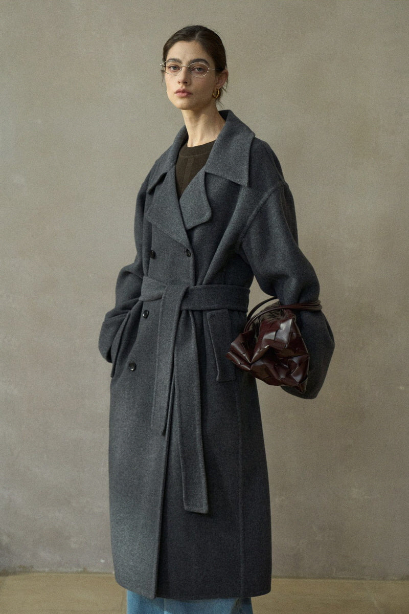 Wide-Lapel Belted Reversible Double-Breasted Coat