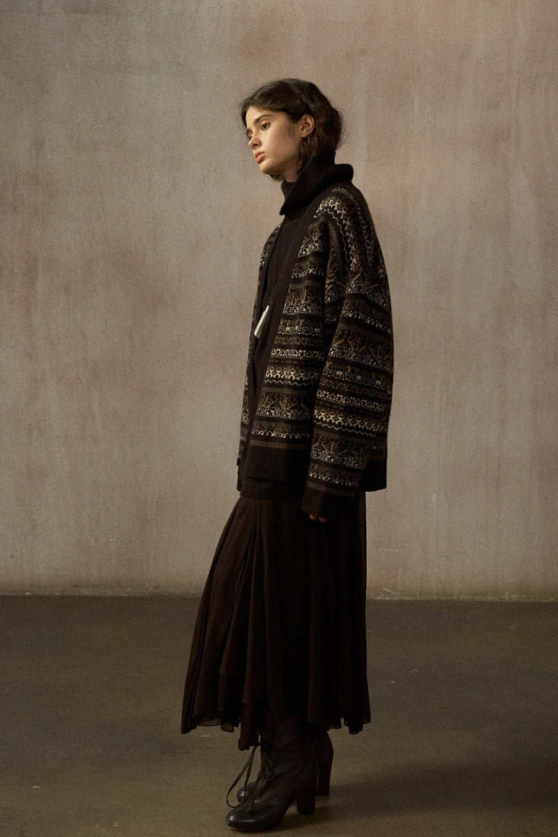 Oversized Fair Isle V-Neck Cardigan