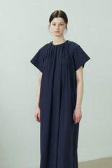 Elastic Shirred High-Cut Neck Maxi Dress