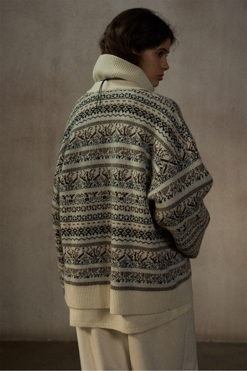 Oversized Fair Isle V-Neck Cardigan