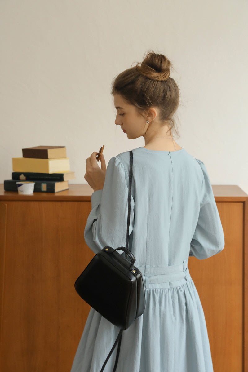 Double Belt Cinched V-Neck Long Sleeve Dress