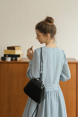 Double Belt Cinched V-Neck Long Sleeve Dress