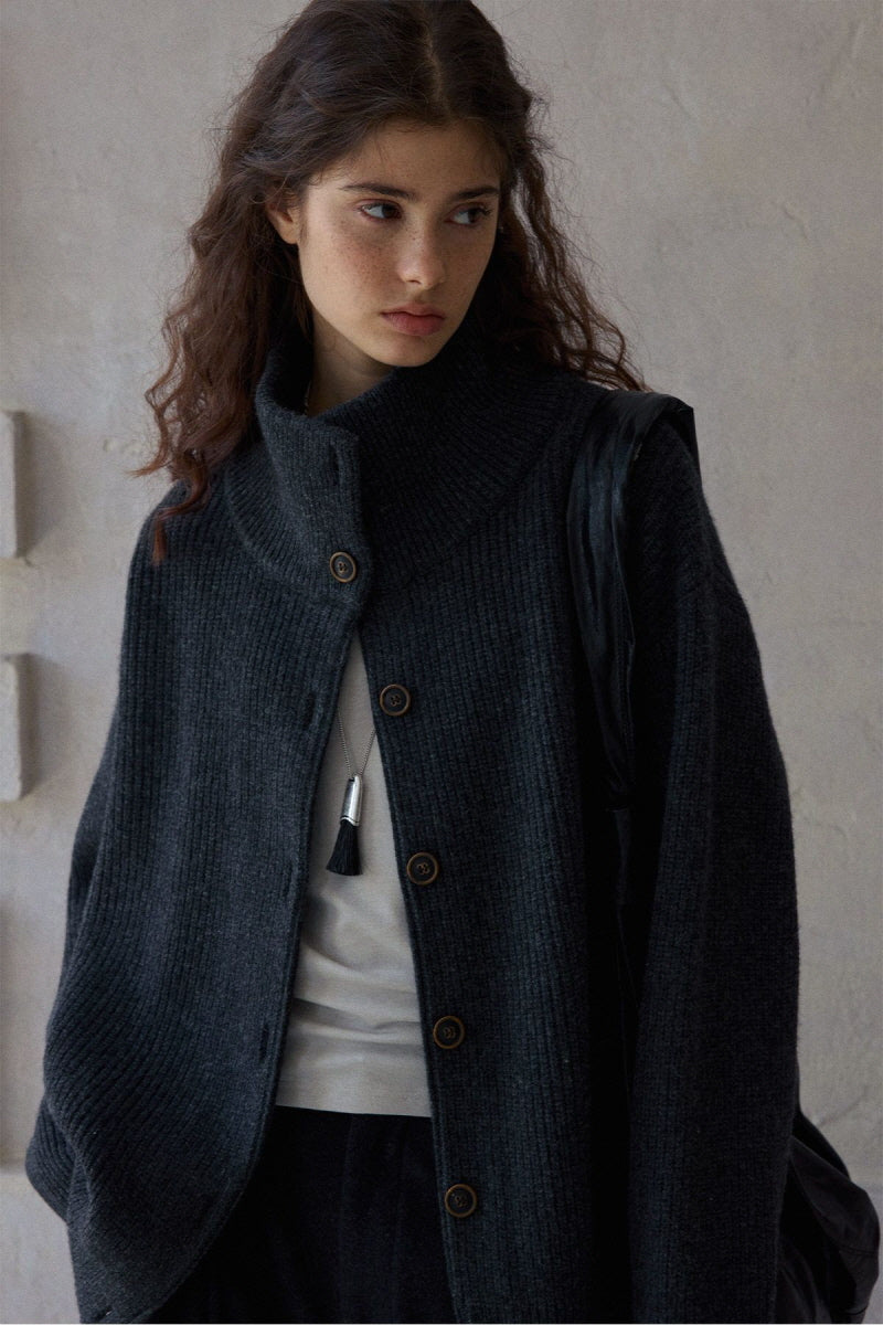 Stand-Collar Dropped-Shoulder Knit Cardigan