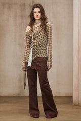 Asymmetrical Plaid Off-Shoulder Top