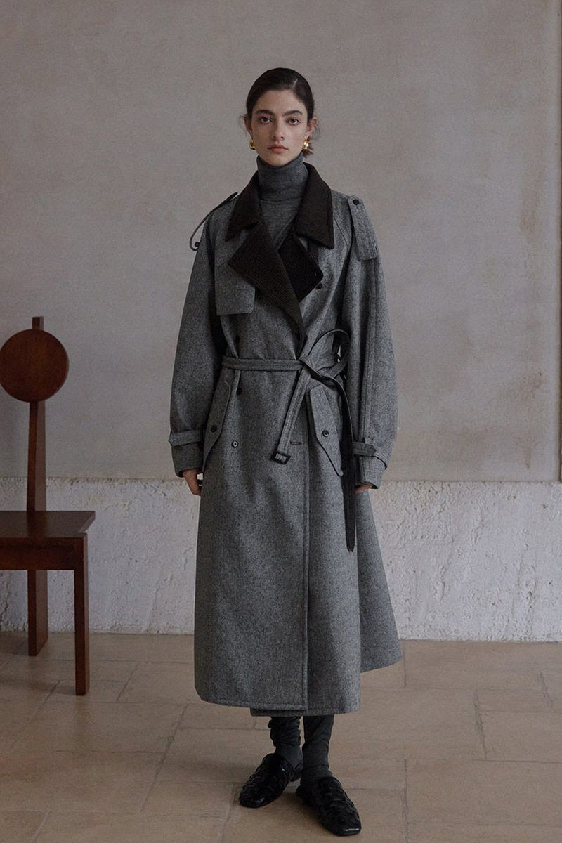 Double-Breasted Contrast Lapel Patchwork Trench Coat