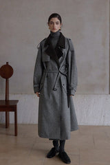 Double-Breasted Contrast Lapel Patchwork Trench Coat