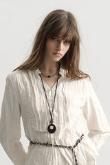 French Micro-Pleated V-Neck Shirred Shirt