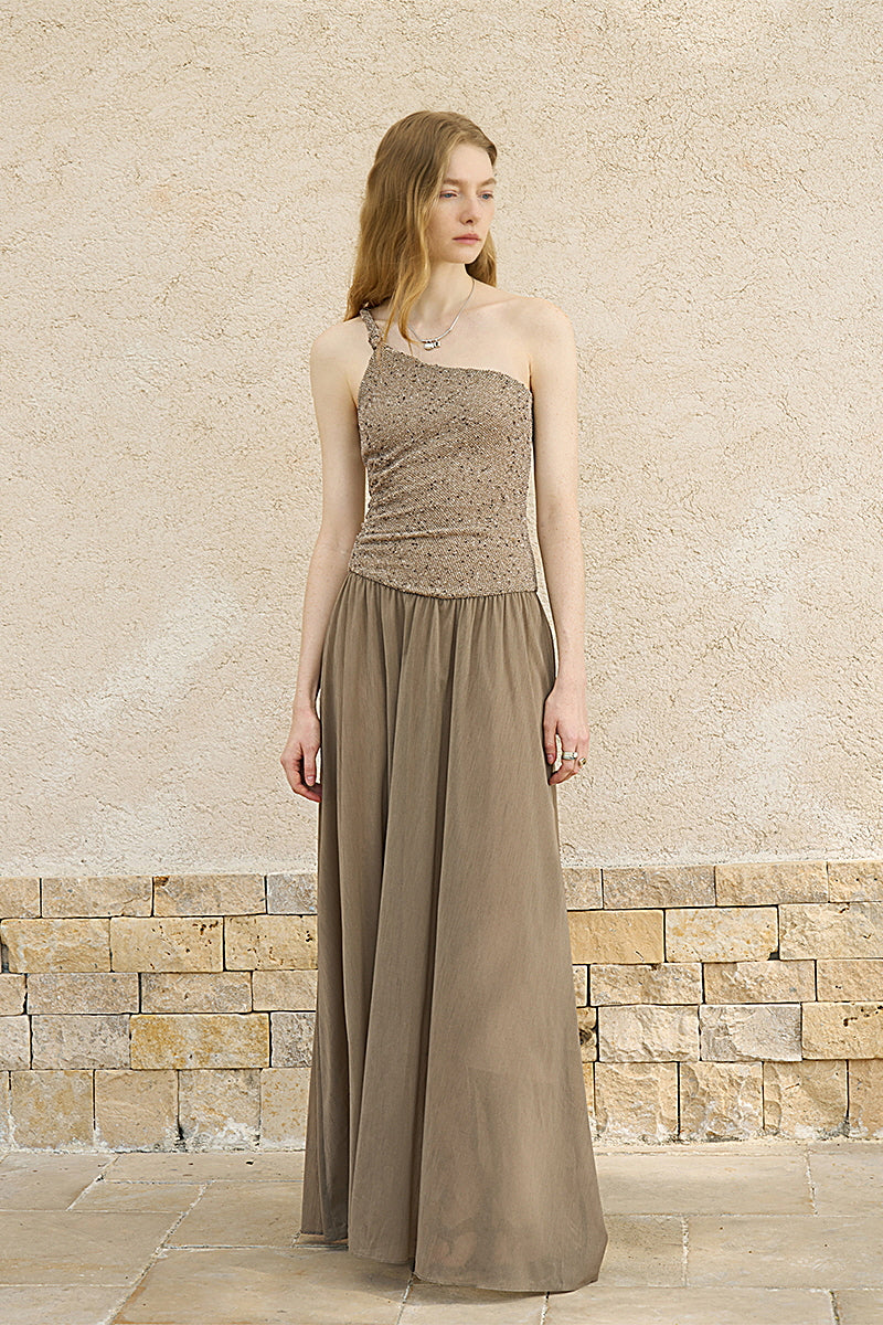 Twisted One-Shoulder Pleated Long Dress