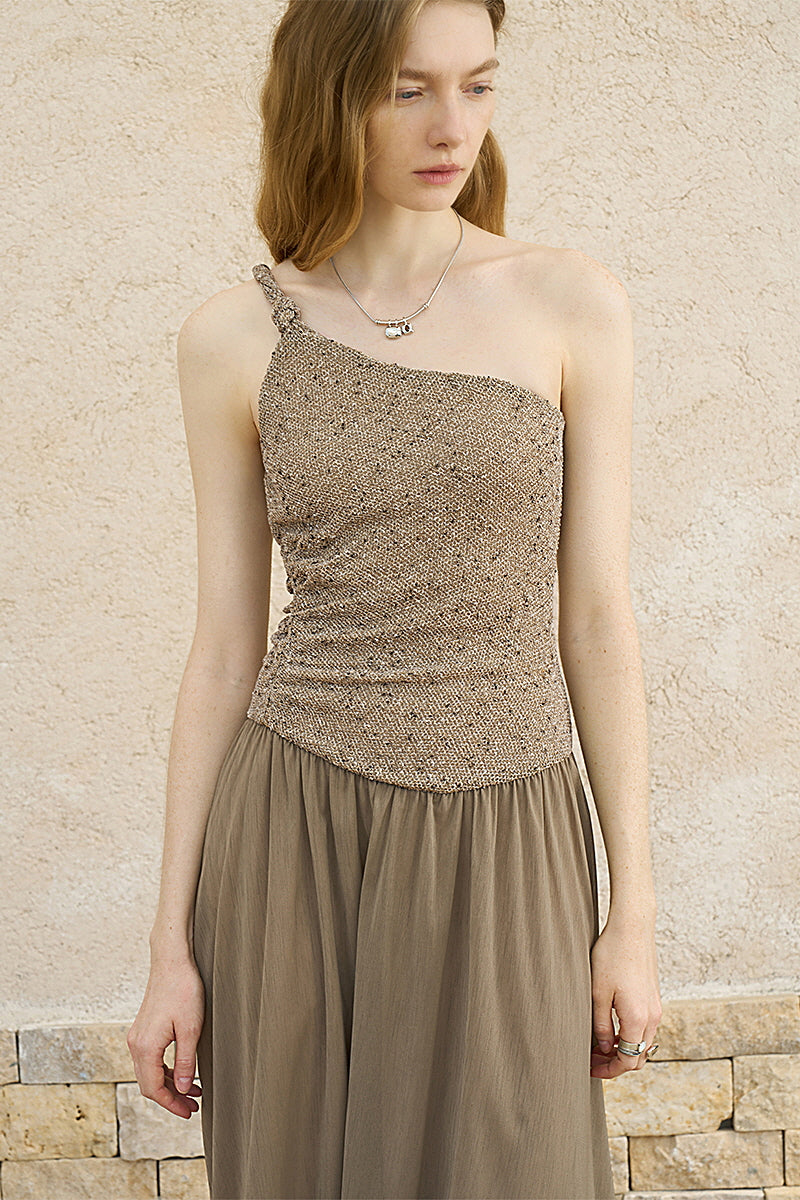 Twisted One-Shoulder Pleated Long Dress