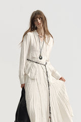 French Micro-Pleated V-Neck Shirred Shirt