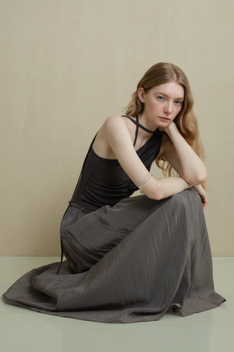 Irregular Panel Pleated Slanted-Shoulder Dress