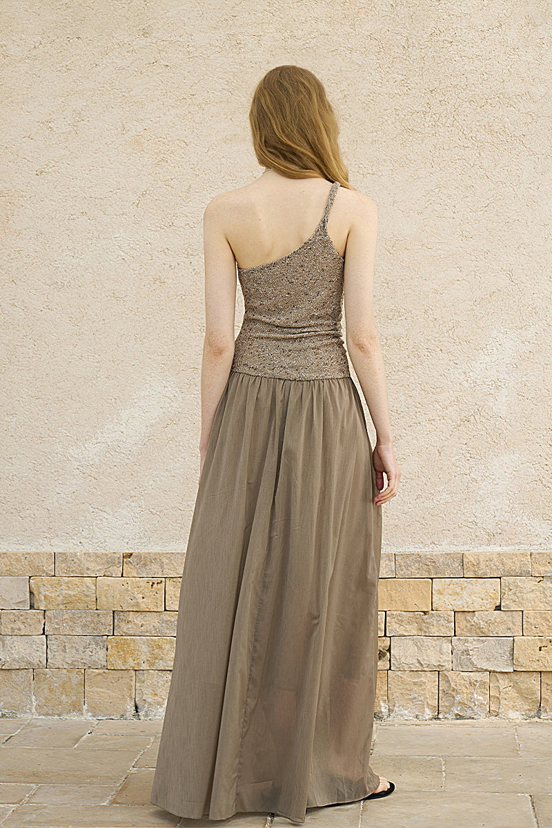 Twisted One-Shoulder Pleated Long Dress