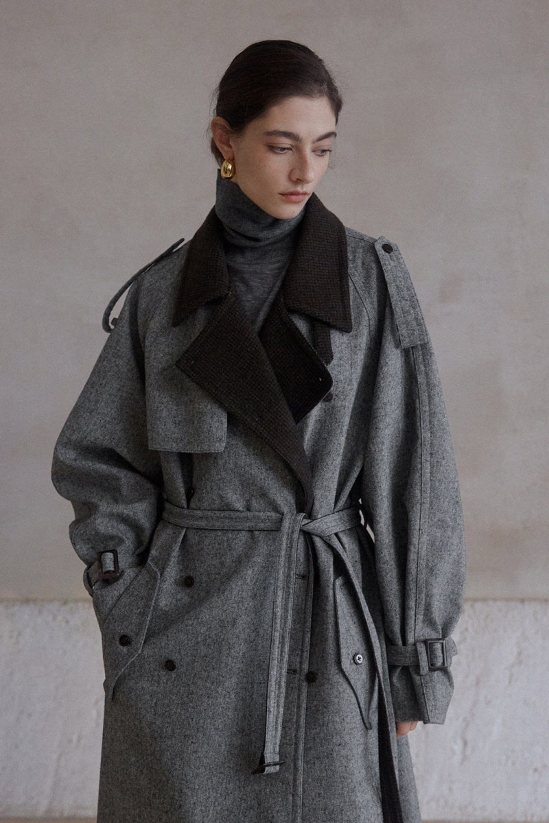 Double-Breasted Contrast Lapel Patchwork Trench Coat