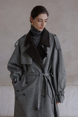 Double-Breasted Contrast Lapel Patchwork Trench Coat