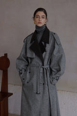 Double-Breasted Contrast Lapel Patchwork Trench Coat