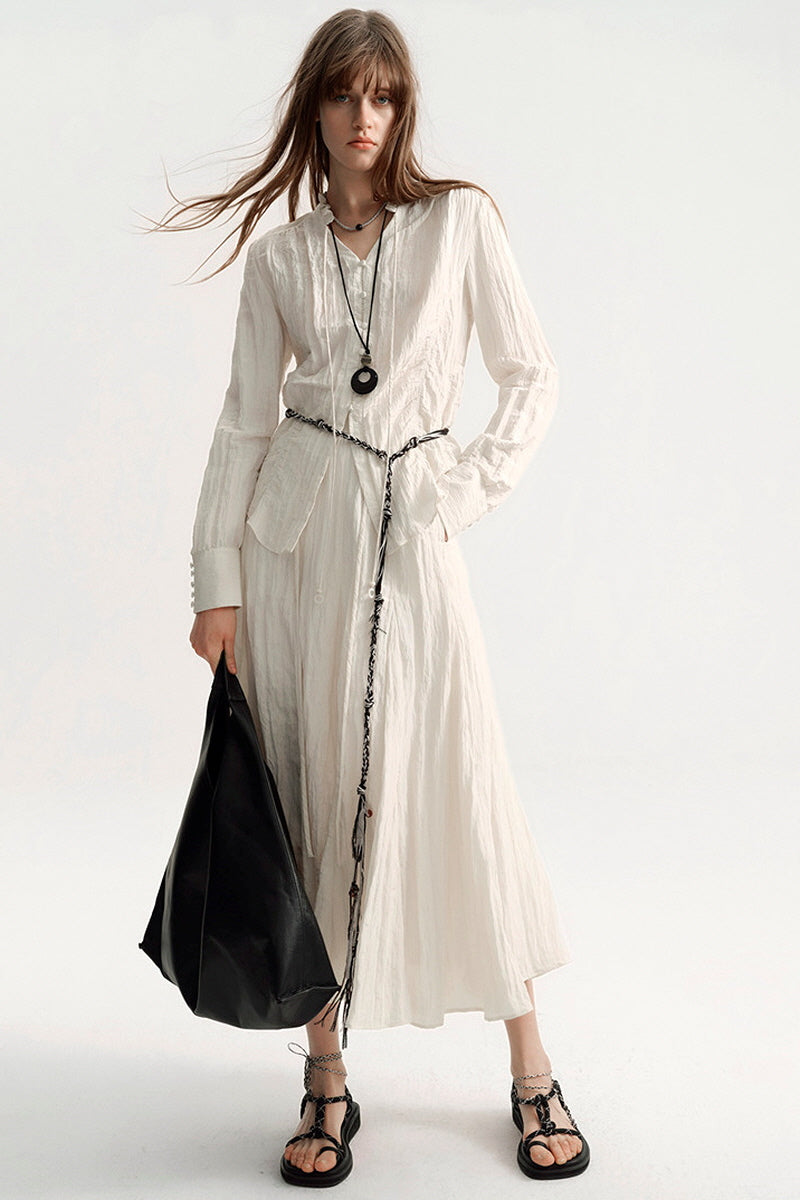 French Micro-Pleated V-Neck Shirred Shirt