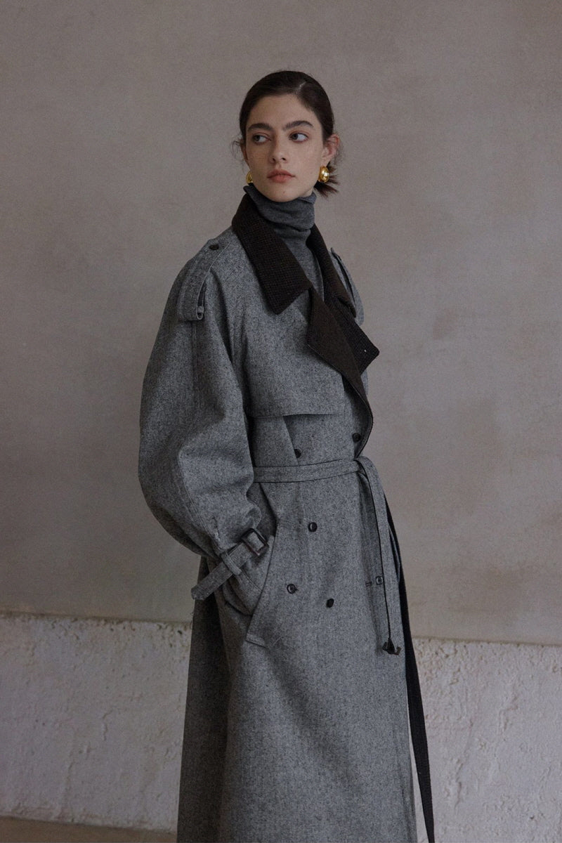 Double-Breasted Contrast Lapel Patchwork Trench Coat