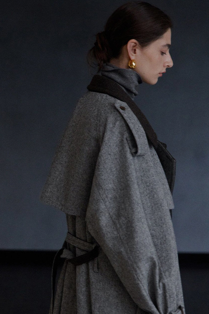 Double-Breasted Contrast Lapel Patchwork Trench Coat