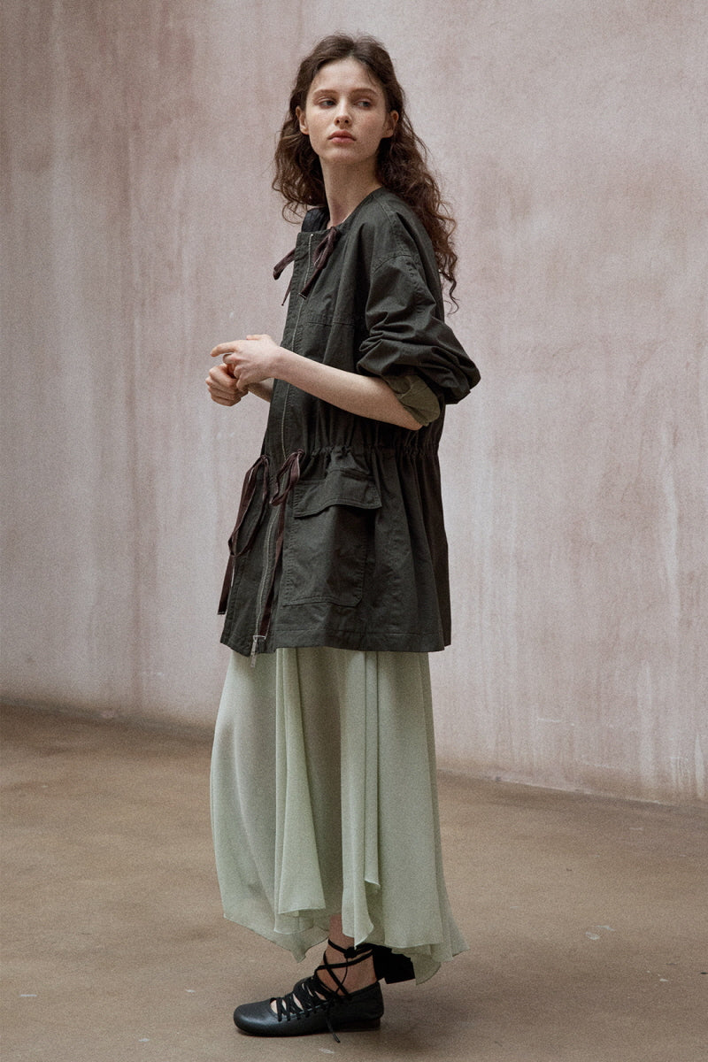 Washed Drawstring Crew Neck Jacket