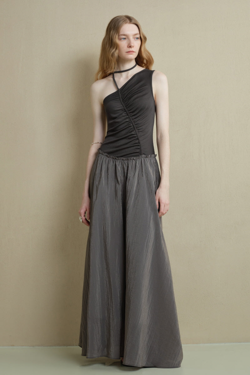 Irregular Panel Pleated Slanted-Shoulder Dress