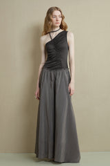 Irregular Panel Pleated Slanted-Shoulder Dress