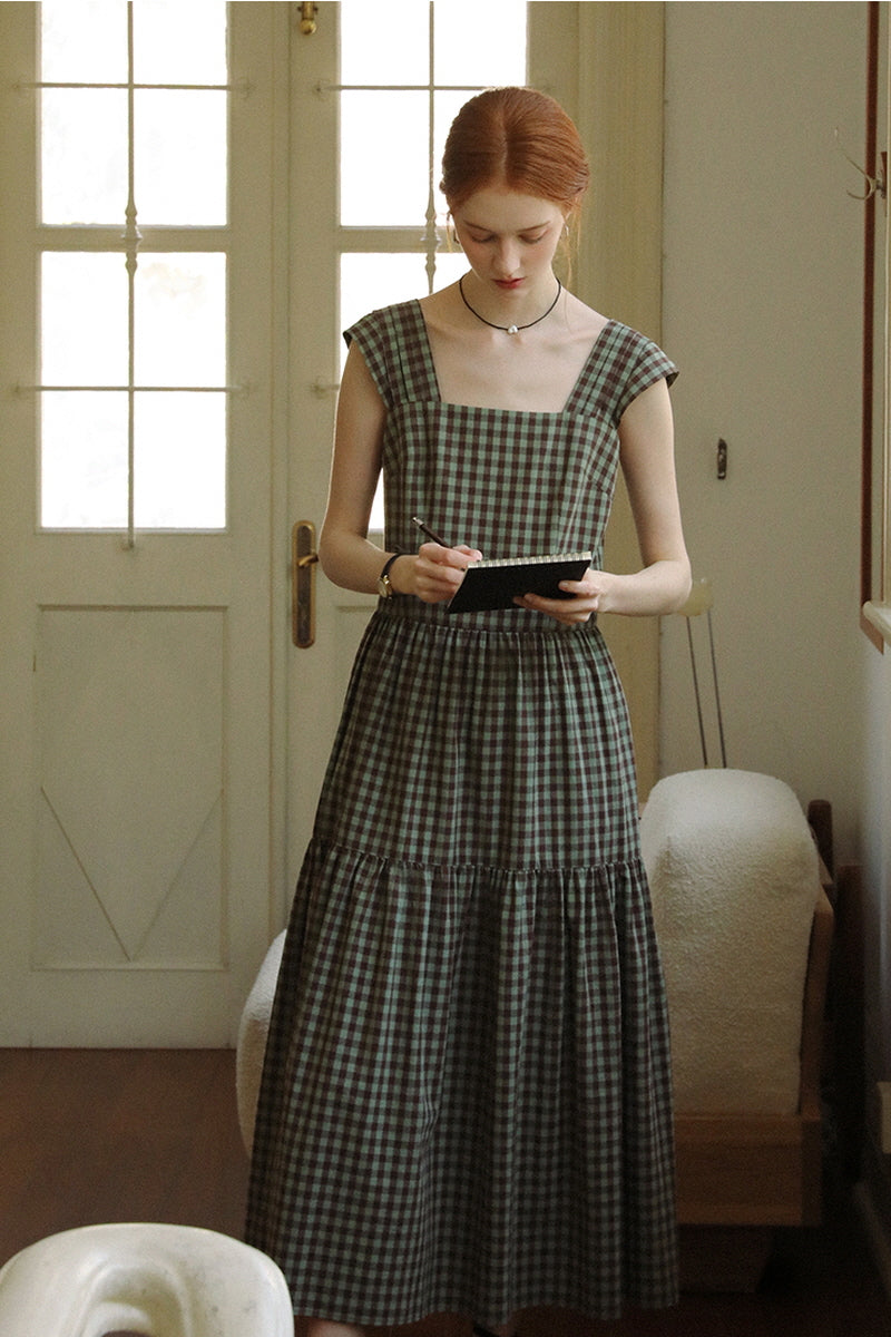 Square Neck High Waist Check Strap Dress