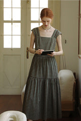 Square Neck High Waist Check Strap Dress