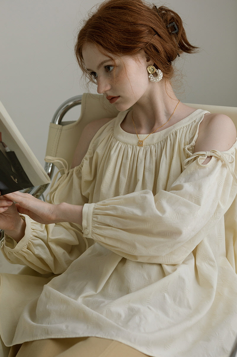 Shirred Off-Shoulder Loose Long Sleeve Shirt