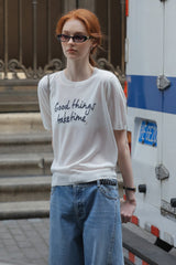 Contrast Embroidery Monogram Short Sleeve Sweater