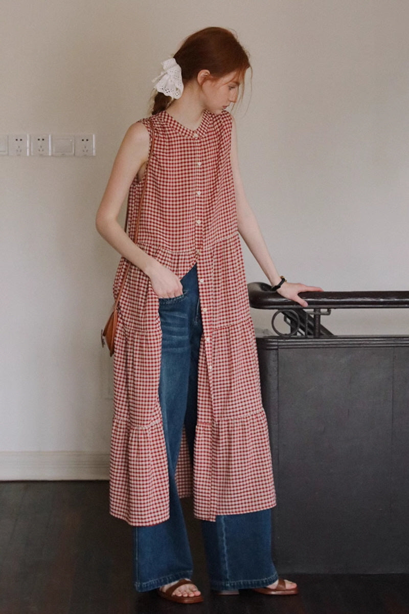 Vintage Lace-Up Check Dress