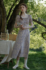 Fungus-Trimmed Square Neck Puff Sleeve Floral Dress