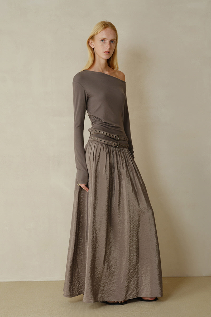 Double Belt Asymmetrical Shoulder Long Sleeve Dress