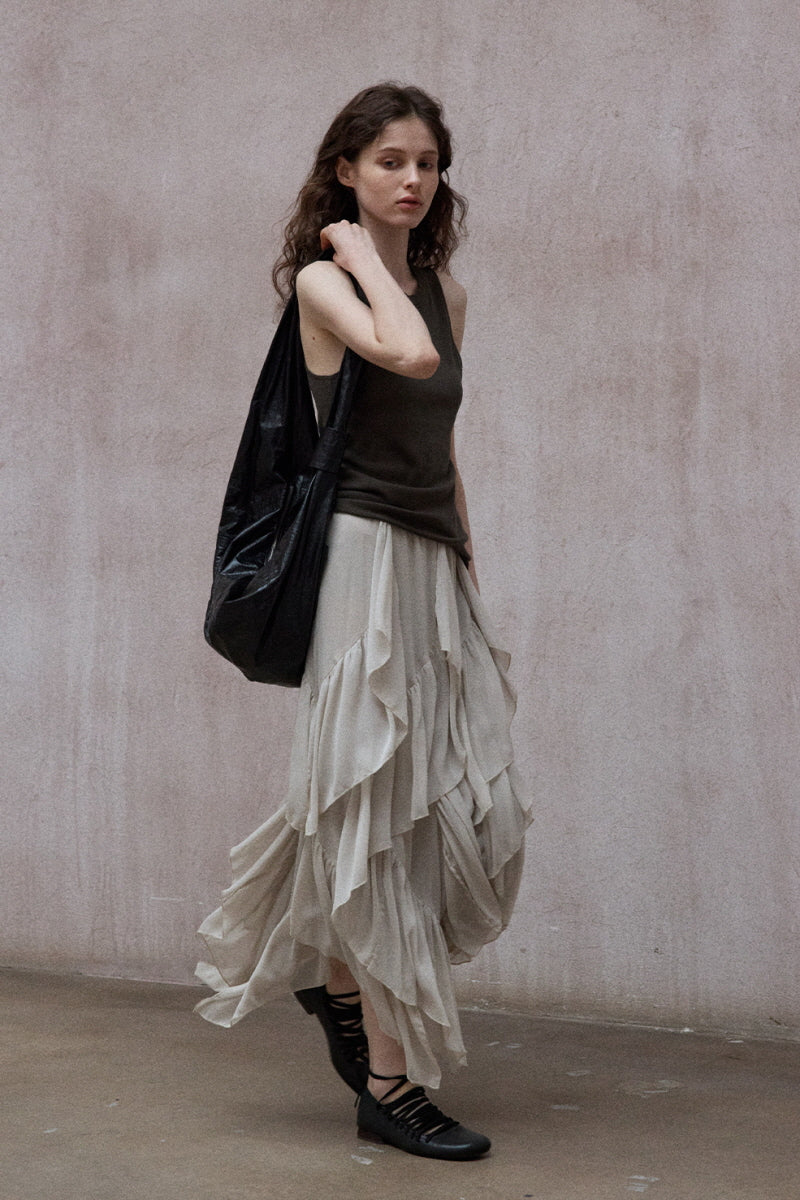 Laminated Ruffled Asymmetrical Skirt