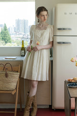 Square Neck Embroidered Pleated Dress
