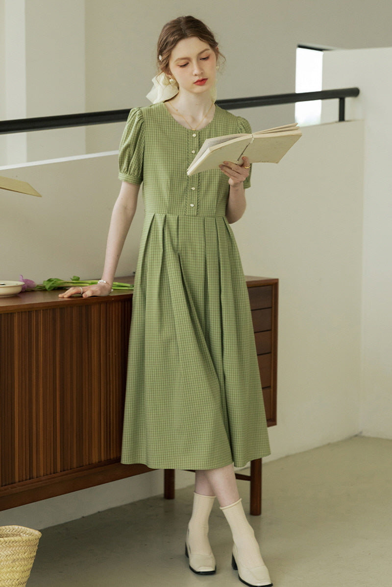 French Vintage Crew Neck Pleated Skirt Dress