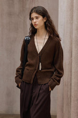 Saddle-Shoulder Pocket V-Neck Cardigan