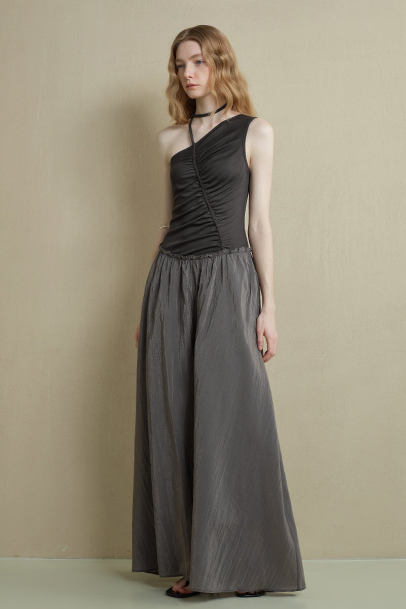 Irregular Panel Pleated Slanted-Shoulder Dress