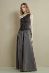 Irregular Panel Pleated Slanted-Shoulder Dress