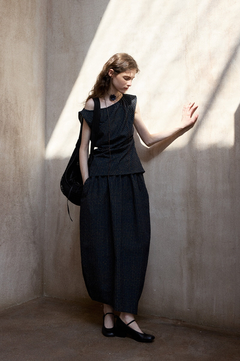 Asymmetrical Plaid Midi Skirt