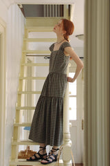 Square Neck High Waist Check Strap Dress