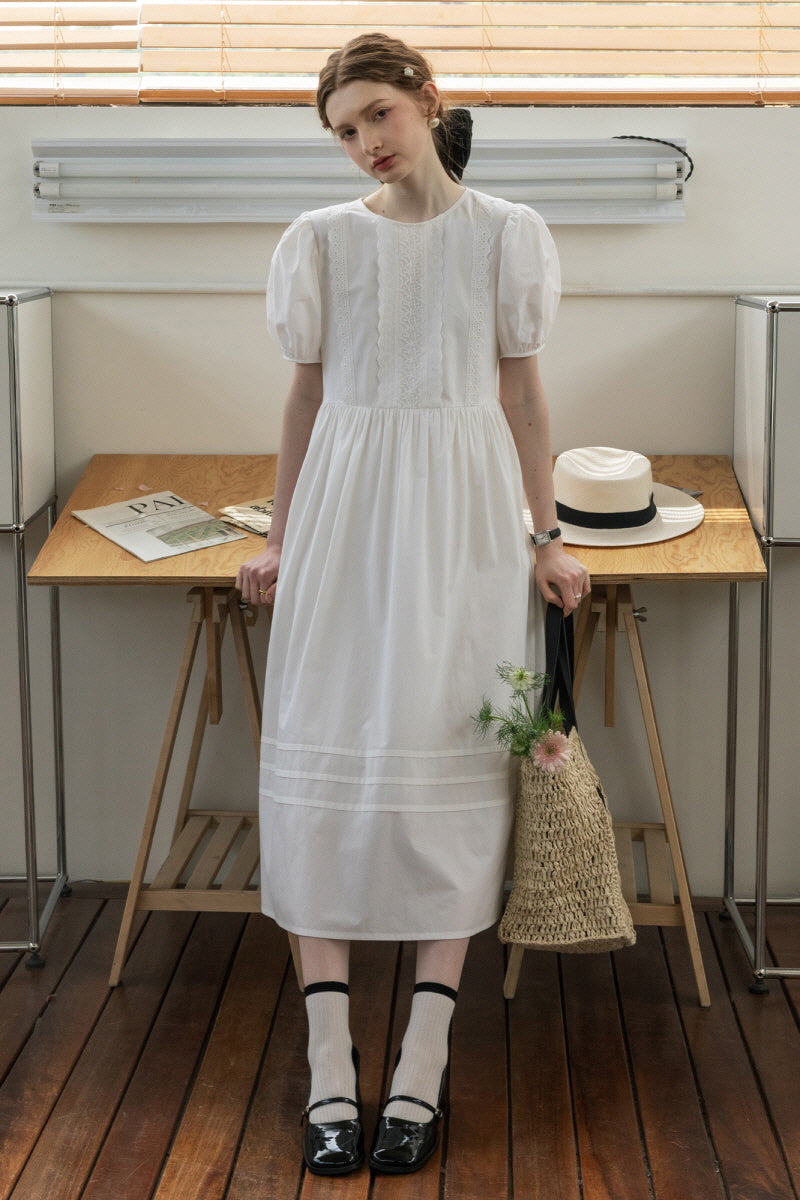 Puff Sleeve Round Neck Tie Bellflower Dress
