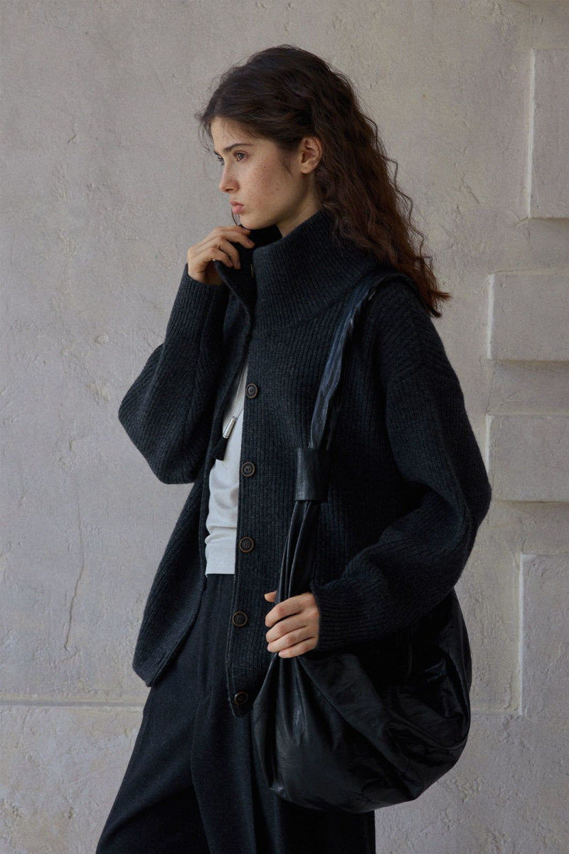 Stand-Collar Dropped-Shoulder Knit Cardigan