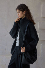 Stand-Collar Dropped-Shoulder Knit Cardigan